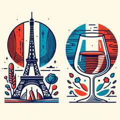 travel destination in France- Eiffel Tower, red wine and color French flag illustration - 783016027