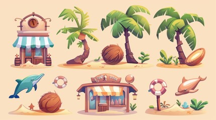 A cute element set of beach illustrations, including coconuts, dolphins, palm trees, sand hills, and a street shop facade.