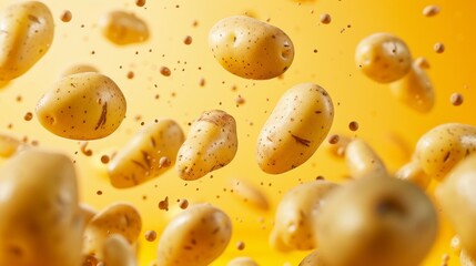 Potatoes flying chaotically in the air, bright saturated background, spotty colors, professional food photo 