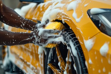Close-up of hands with a sponge washing a foamy yellow car wheel. Hand Washing Yellow Car with Sponge