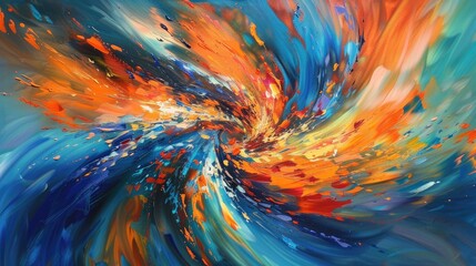 Abstract painting with swirling orange and blue hues - obrazy, fototapety, plakaty