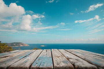Naklejka na ściany i meble Serene Seascape View with Rustic Wooden Deck Overlooking the Ocean
