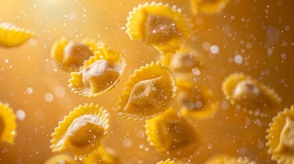 Ravioli flying chaotically in the air, bright saturated background, spotty colors, professional food photo - obrazy, fototapety, plakaty