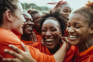 Joyful All-Female Black Soccer Team Celebrating Victory on the Field
