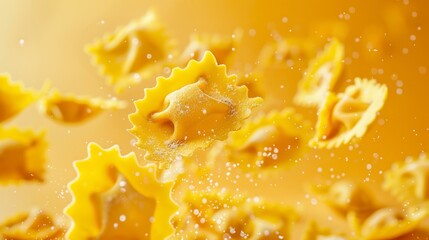 Ravioli flying chaotically in the air, bright saturated background, spotty colors, professional food photo