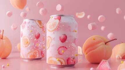 Mockup of a white peach sparkling water can isolated on a pastel background. One can is labelled and one is not.