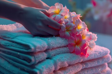 Hand arranging frangipani flowers on a pile of folded turquoise towels. Placing Frangipani on Stack of Towels