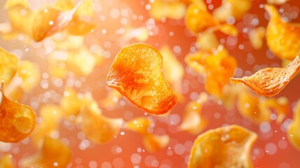 Riffled chips flying chaotically in the air, bright saturated background, spotty colors, professional food photo