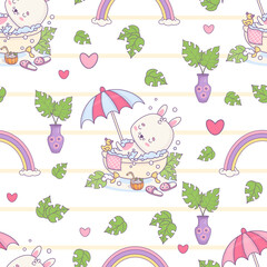 Seamless pattern with bunny rests in bubble bath under sun umbrella