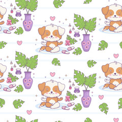 Seamless pattern with dog meditating