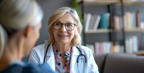Doctor with a stethoscope speaks to a patient in a friendly manner and explains the illness in the hospital