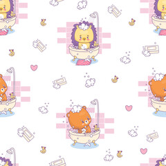 Seamless pattern with  hedgehog and bear bathing in bubble bath