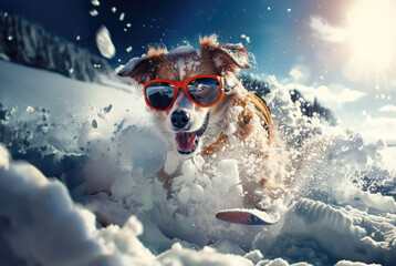 a funny  dog wearing in winter jacket and ski goggles in the sunny day on the snowy winter forest blurred background
