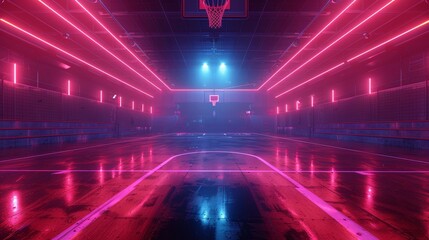 Glowing Neon Basketball: A 3D vector illustration of a basketball court at night - obrazy, fototapety, plakaty