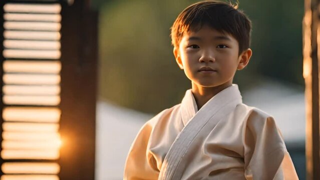 Asian boy wearing kimono karate. Martial arts, taekwondo. Generative Ai