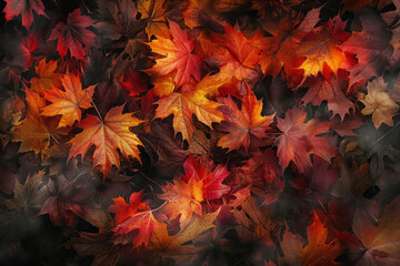Naklejka na ściany i meble Beautiful colorful autumn fallen maple leaves top view. AI generated