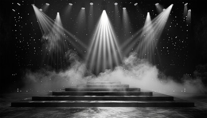 Stage light and smoke on stage with spotlights black and white. Stage lights. spotlights and white laser holograms spins, turns and emits light bright beams. Lighting equipment  - obrazy, fototapety, plakaty