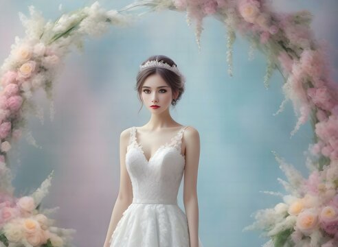 Beautiful asian bride in white wedding dress with flower decoration