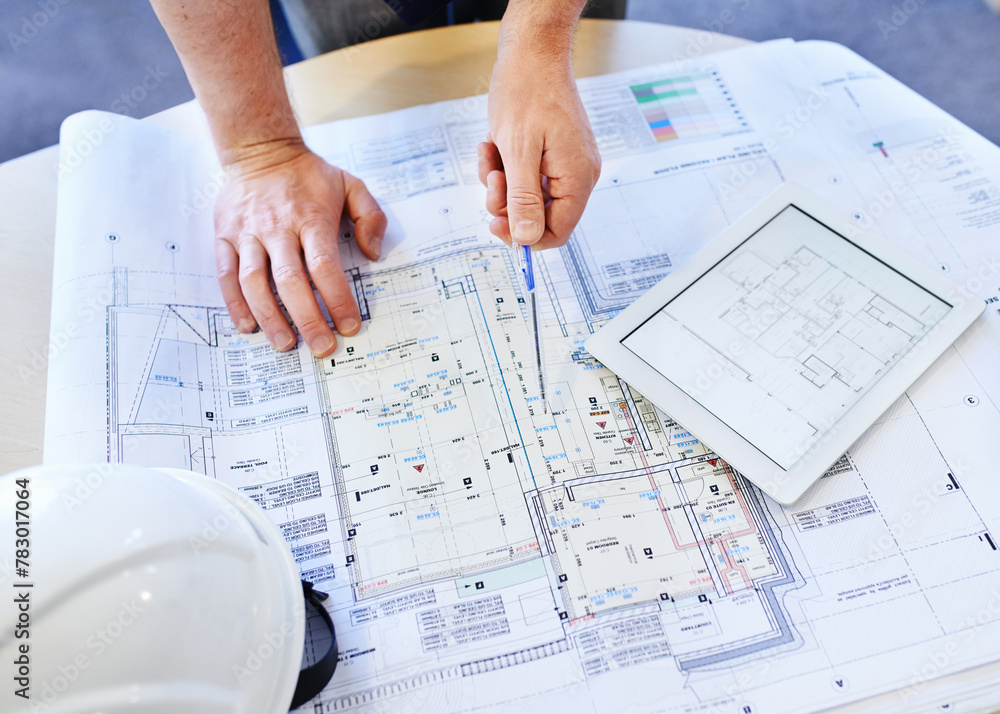 Poster Project, architect and planning with tablet, design and vision for building and development. Interior, designer and professional in engineering, management and career in office, workplace or job