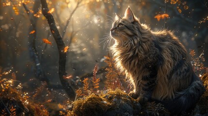Norwegian Forest Cat Standing Tall Amidst Forest Glade, Thick Mane of Fur Glistening in Sunlight.