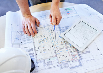 Project, architect and planning with tablet, design and vision for building and development....