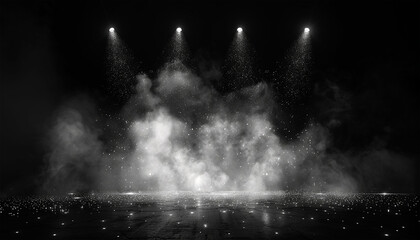 Stage light and smoke on stage with spotlights black and white. Stage lights. spotlights and white laser holograms spins, turns and emits light bright beams. Lighting equipment  - obrazy, fototapety, plakaty