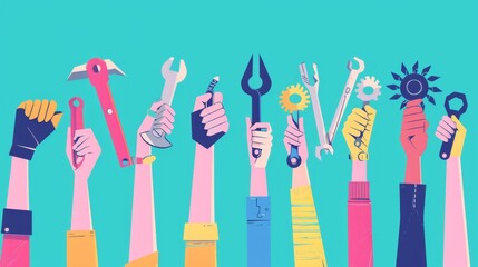Illustration of female hands holding different profession tools.