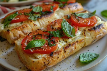 Ciabatta with tomato, basil, and mozzarella topping