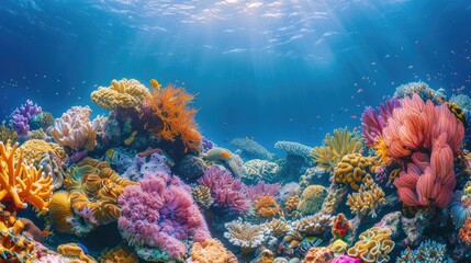 Underwater landscape of a coral reef bustling with marine life and brilliant colors, illuminated by sunbeams