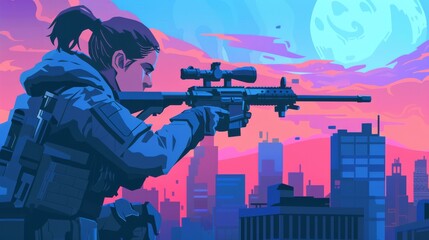 A woman Soldier is pictured with a gun protecting the city in this flat illustration. - obrazy, fototapety, plakaty