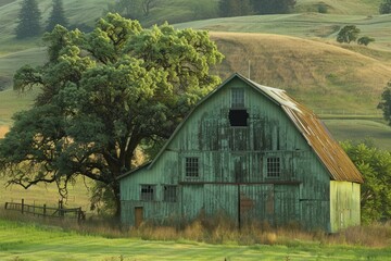 Vintage rustic barn in grassy field
