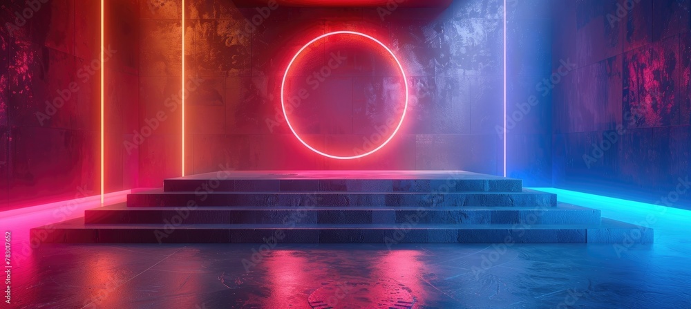 Poster Modern neon circle light and podium in a minimalistic room for product placement display.