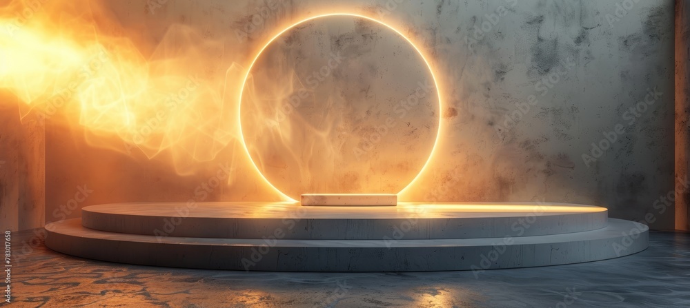 Poster Modern neon circle light and podium in a minimalistic room for product placement display.