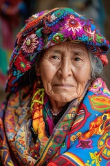 Portrait of an old woman with a colorful headscarf - obrazy, fototapety, plakaty