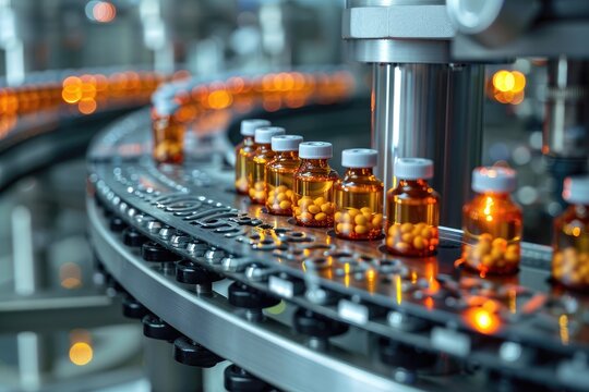 An industrial pharmaceutical production line with pill bottles shown in process, implying healthcare and technology advancements