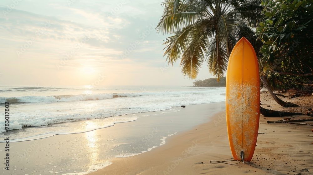 Wall mural Surfboard and palm tree on beach background. Travel adventure sport and summer vacation concept. Vintage tone filter effect color style. - Wall murals