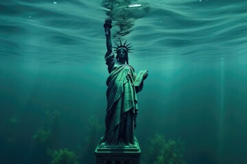 An evocative portrayal of the Statue of Liberty submerged underwater, symbolizing the threat of rising sea levels. Statue of Liberty Submerged in Water Climate Change Concept