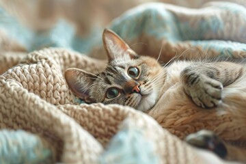 Cute tabby cat lying on warm knitted plaid, closeup