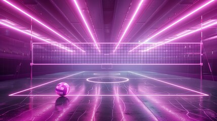 Glowing Neon Volleyball: A 3D vector illustration of a volleyball court