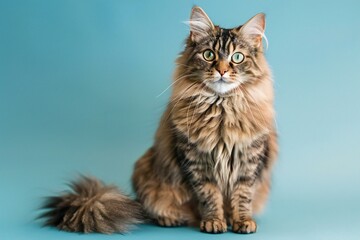 Naklejka na ściany i meble Siberian cat on a blue background, Studio photography of a cat