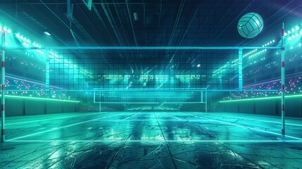 Glowing Neon Volleyball: A 3D vector illustration of a volleyball field glowing under neon