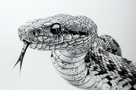 Black and white image of a snake on a white background,  Close-up