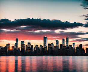 Obraz premium A city skyline at sunset with a body of water in the foreground.