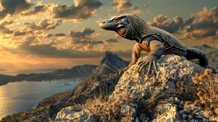 A Komodo dragon sitting on a rock looking at the distance