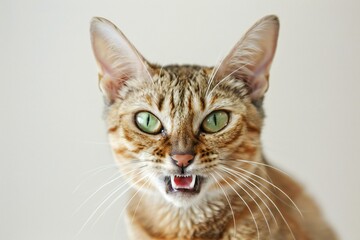 Funny cat with green eyes on white background,  Close up