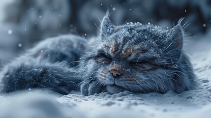 Pallas Cat Curling Up into Tight Ball, Tail Wrapped Around Paws for Warmth in snow. - obrazy, fototapety, plakaty