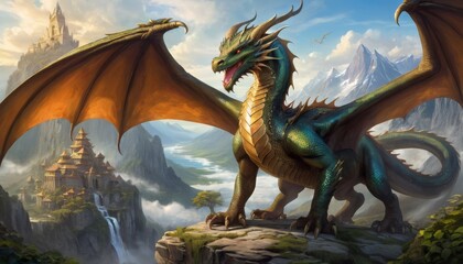 A majestic green dragon perches on a cliff overlooking mystical temples and towering mountains, its scales shimmering in the light.. AI Generation