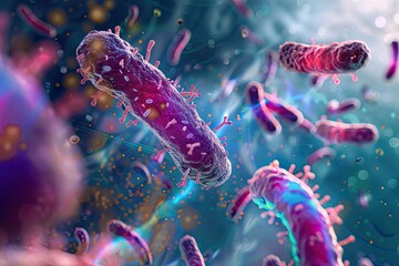 Fototapeta premium An abstract 3D scene depicting the concept of horizontal gene transfer among bacteria.