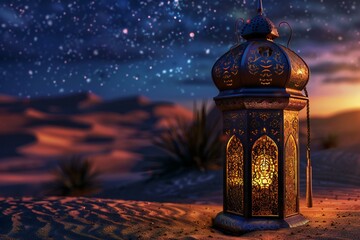 Lantern in the desert,  Ramadan Kareem,   rendering - obrazy, fototapety, plakaty