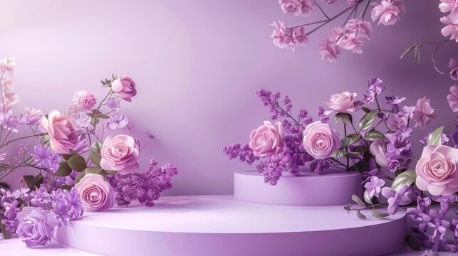 Podium background flower rose product purple 3d spring table beauty stand display nature white. Garden rose floral summer background podium cosmetic valentine field scene gift purple day romantic
